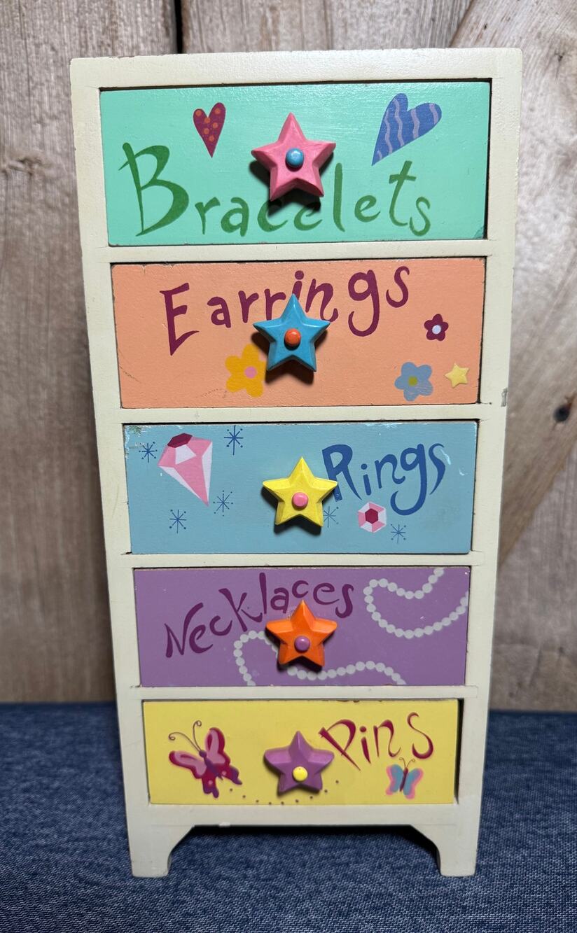 Vintage Colorful Jewelry Box Star Drawer Pulls Whimsical Butterflies 12"x4" Cute